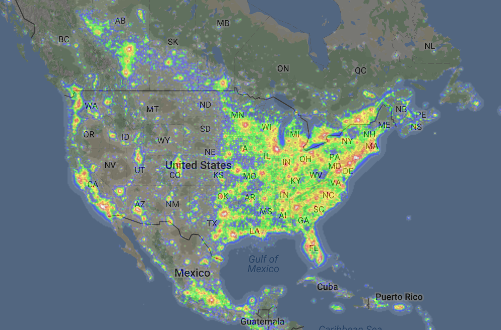 East Coast residents of the US will have to find remote areas of darkness to photograph in. This fascinating screen grab from DarkSiteFinder.com shows just how unevenly distributed the population in the US is. Almost no areas on the East Coast will be as truly dark as remote locations in the Western United States.