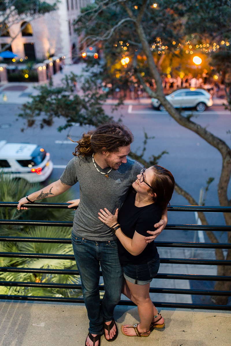 Engaged couple at night in downtown St. Petersburg, Florida