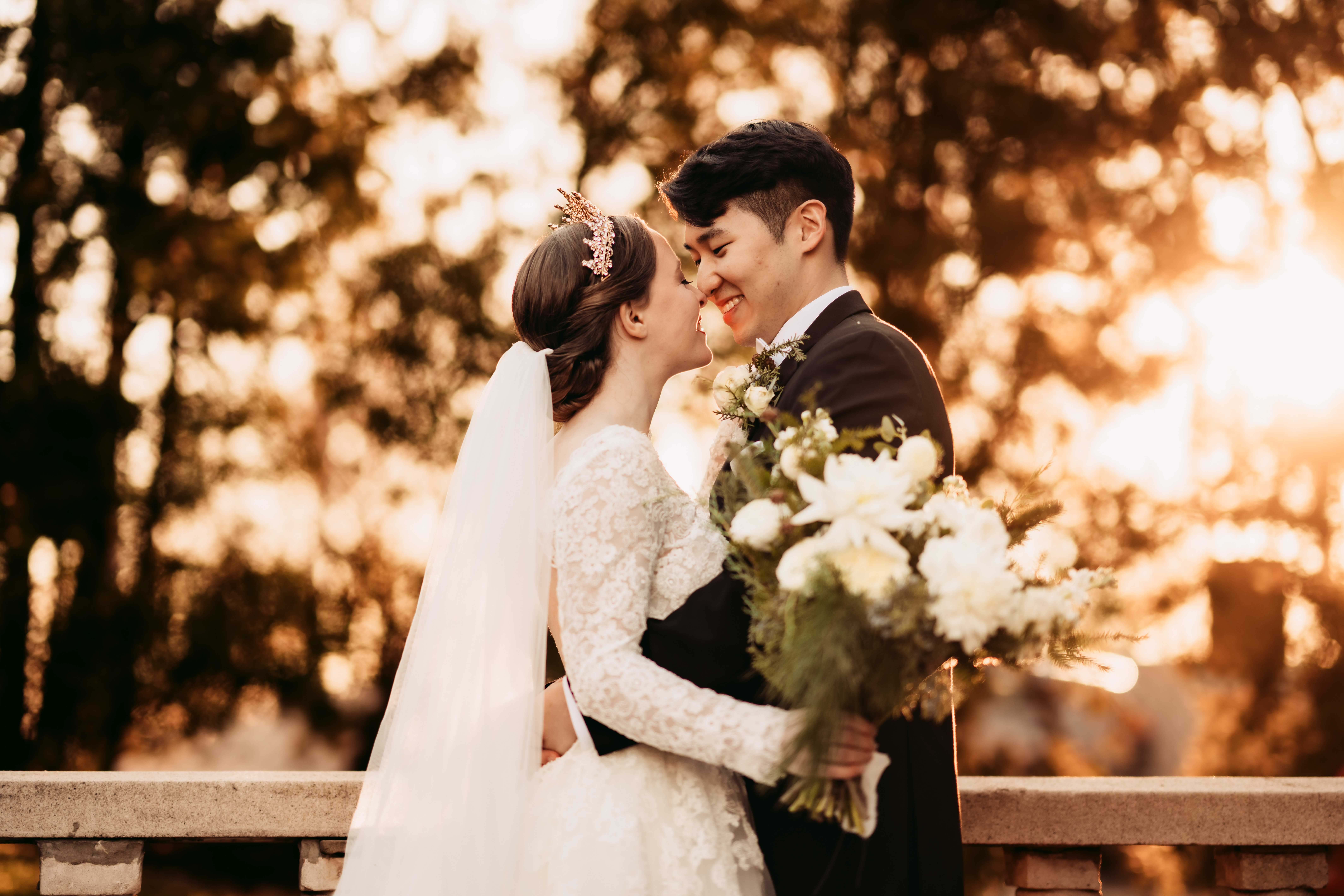 The Manor Wedding Venue, The Manor Wedding Photographer, West Orange Wedding Photographer, NJ Wedding Photographer, Winter Weddings, NJ Winter Wedding, Winter Wedding Photographer, bride and groom nose to nose smiling with the sunset behind them for their winter wedding 