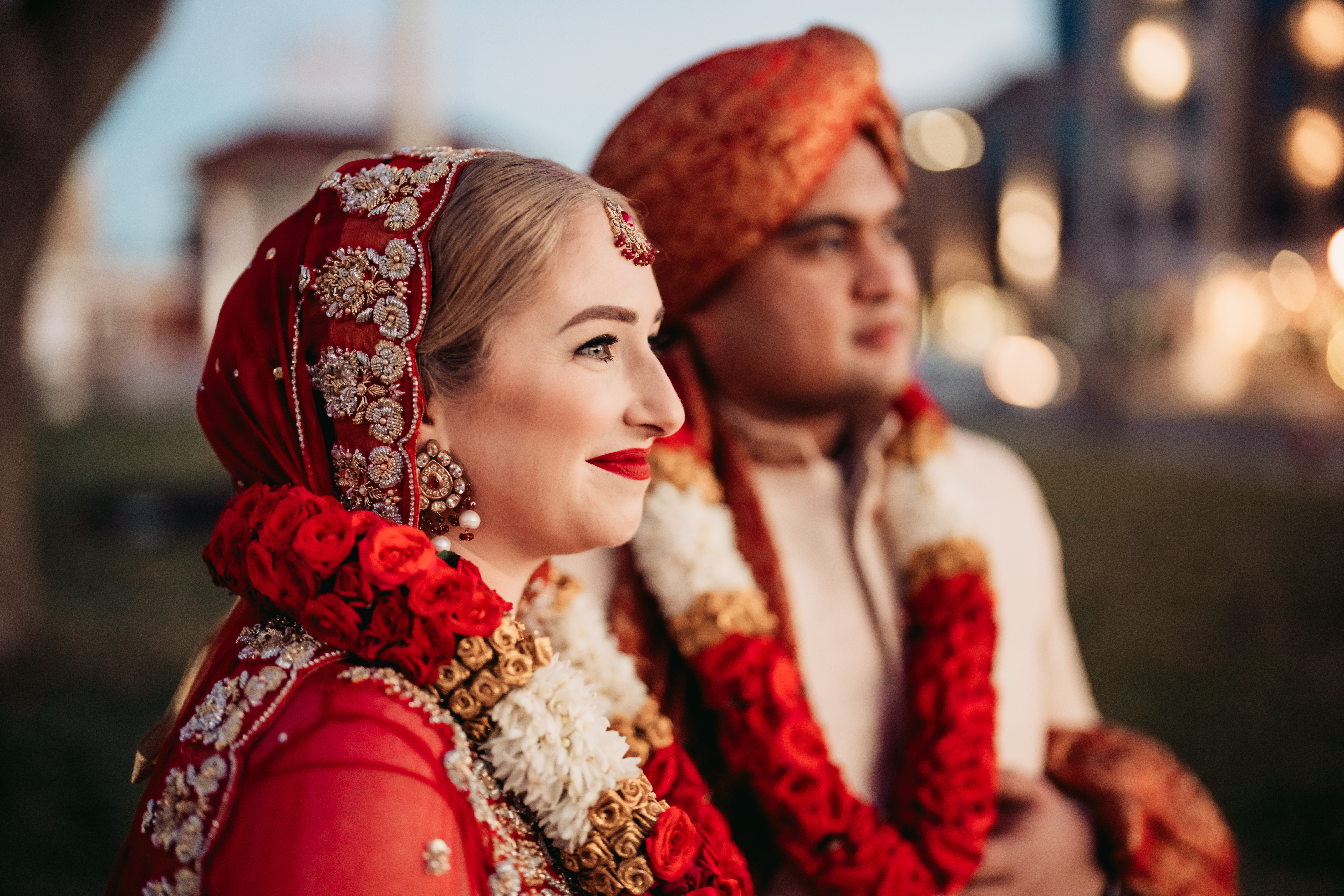 NJ Wedding Photographer, New Jersey Wedding Photographer, Nikah Wedding, Nikah Wedding Photographer, bride and groom in their Nikah attire while smiling and looking off into the distance 